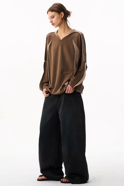 V-Neck Contrasting Long-Sleeved Top