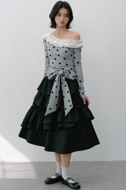 Slanted Polka Dot Long-Sleeved T-Shirt