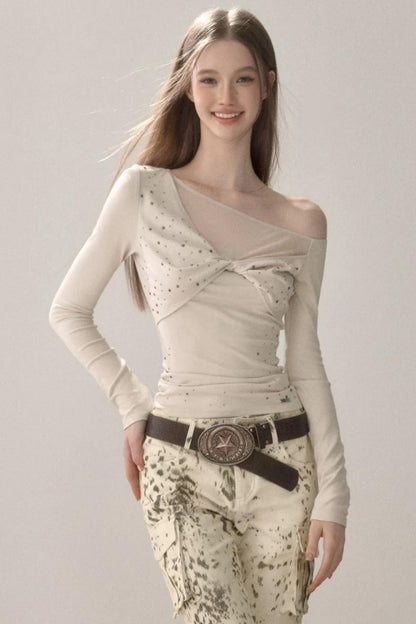 Rhinestone Twist Slim Blouse