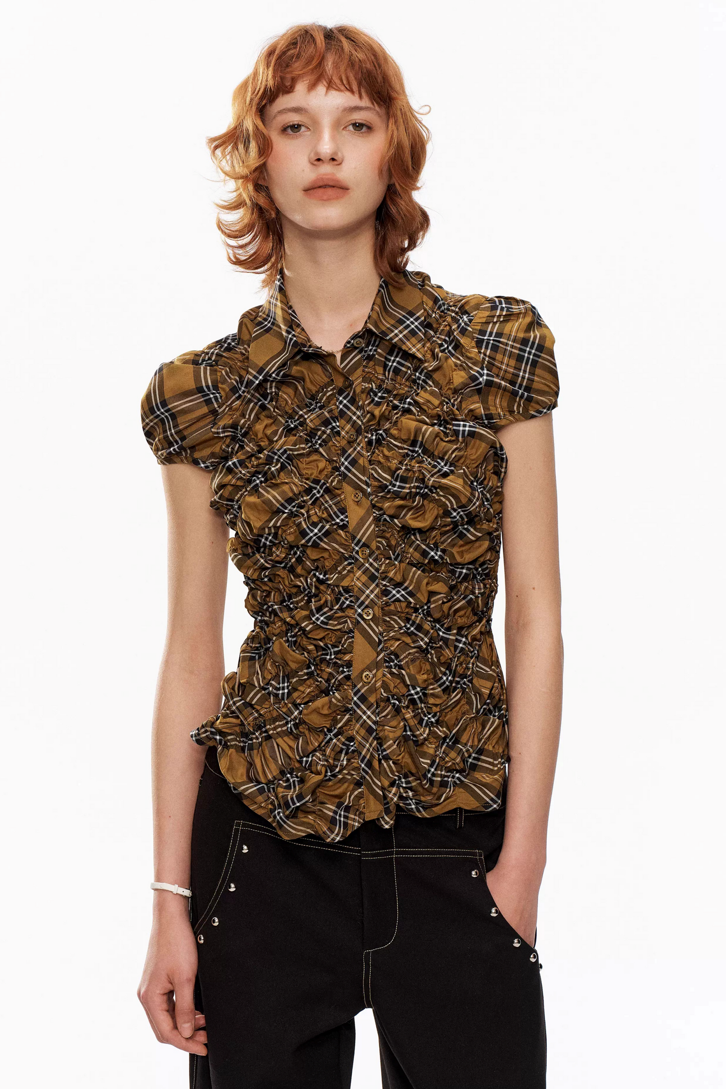 Yellow Plaid Puff-Sleeve Blouse