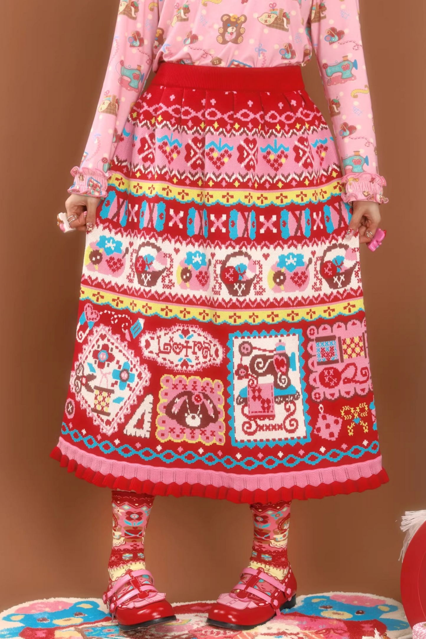 Rote Jacquard-Spitzenstrickrock