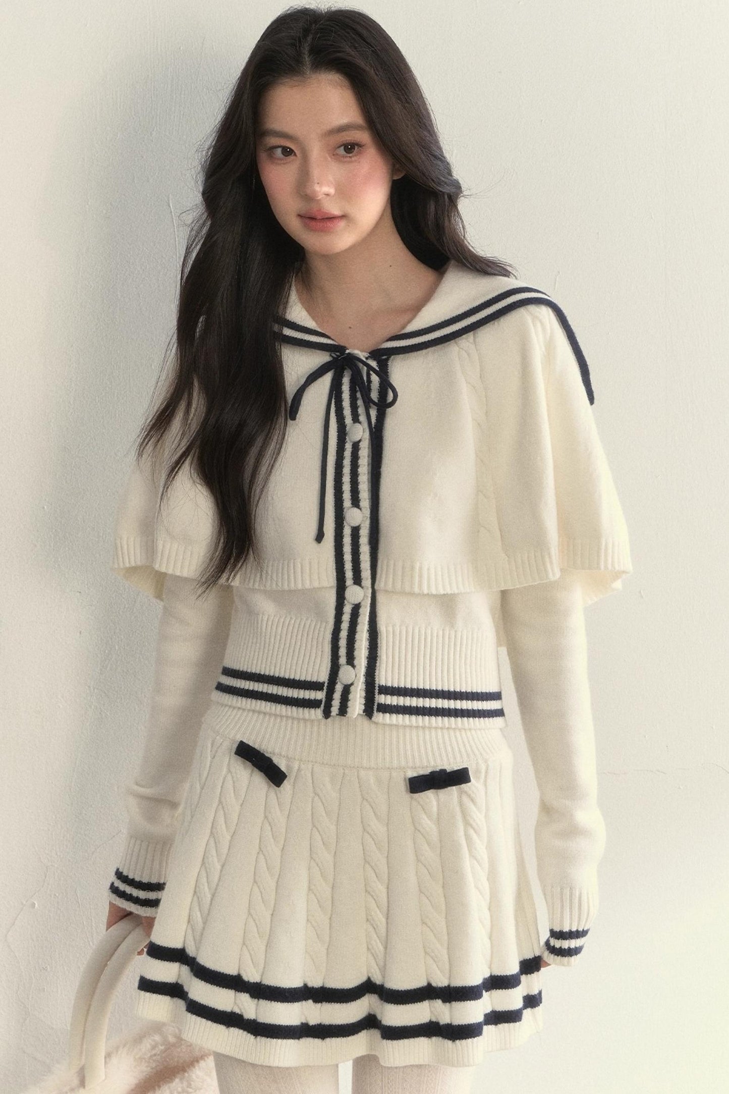 Vintage Navy Twist-Knit Cape Sweater Set-Up