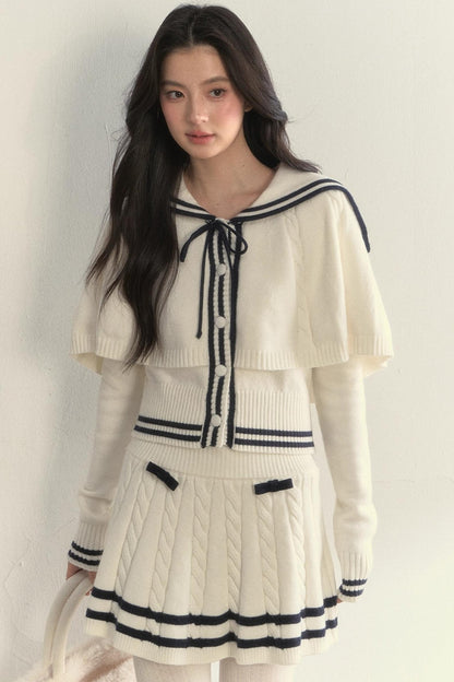 Vintage Navy Twist-Knit Cape Sweater Set-Up