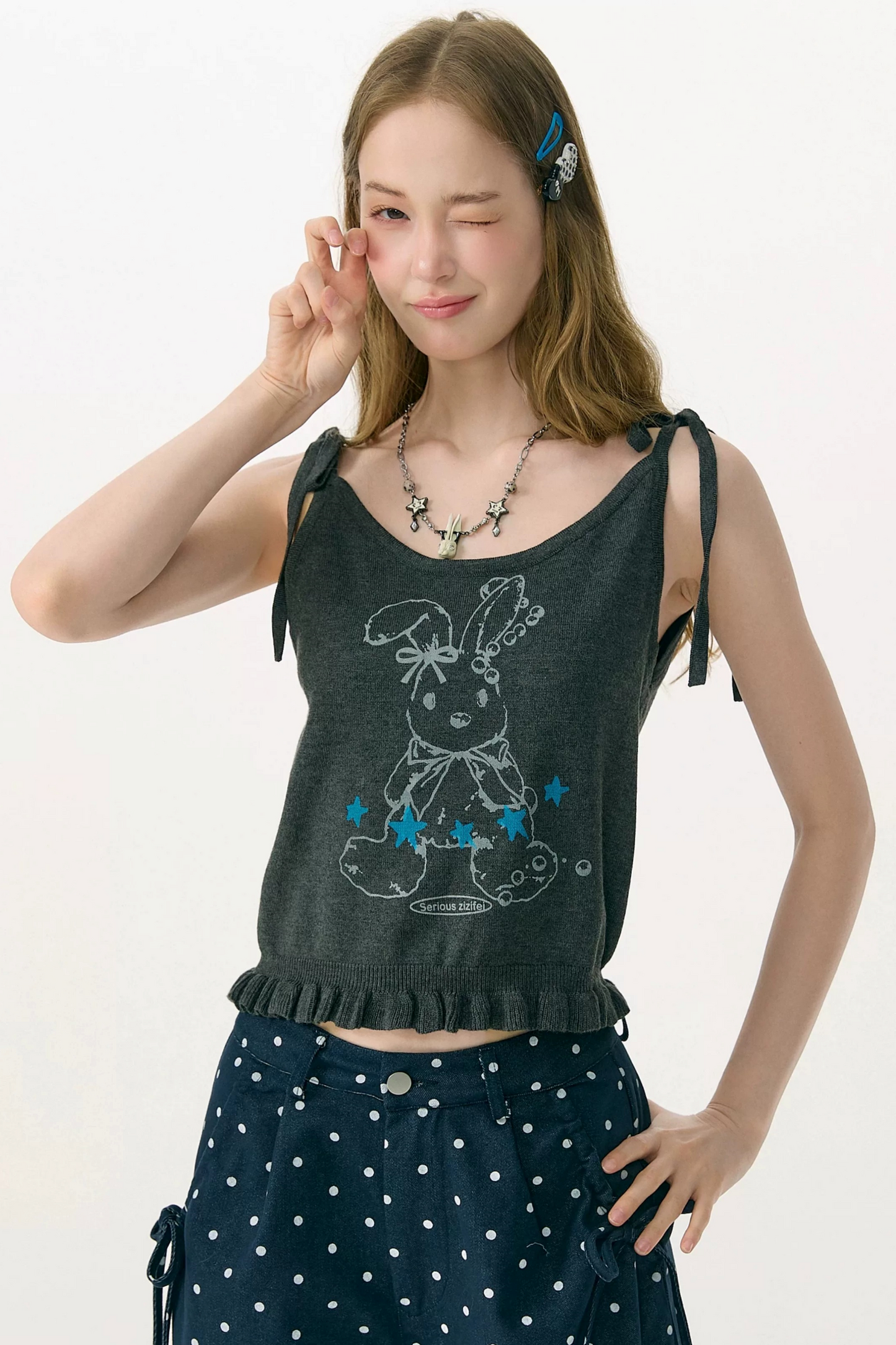 Playful Rabbit Tie-Up Tank Top