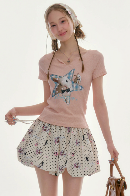 Star Rabbit Pink V-Neck T-Shirt