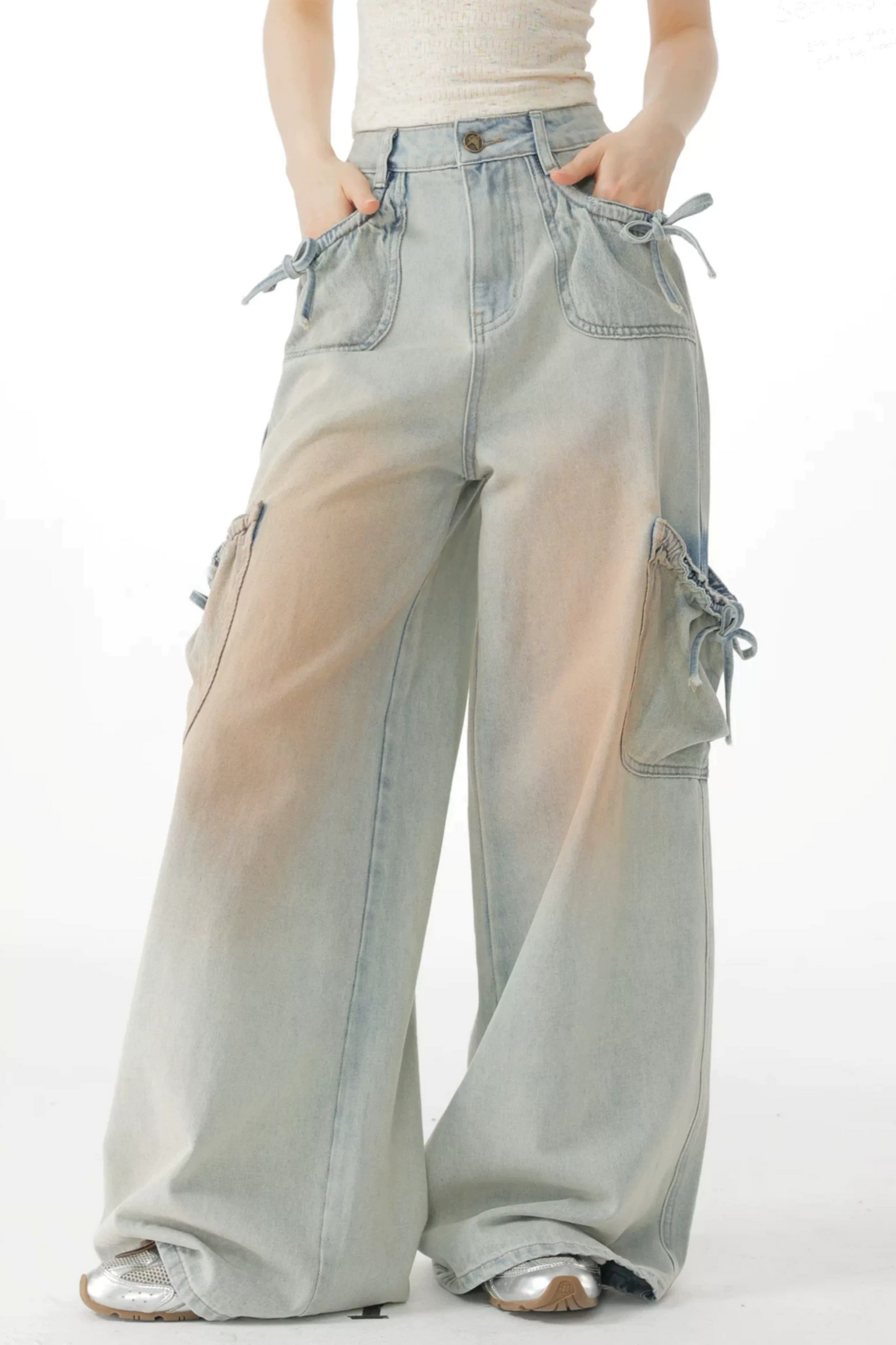 High-Waisted Bow-Knot Wide-Leg Denim Pants