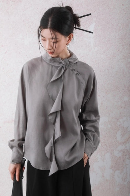 Silk Linen Ruffle Shirt