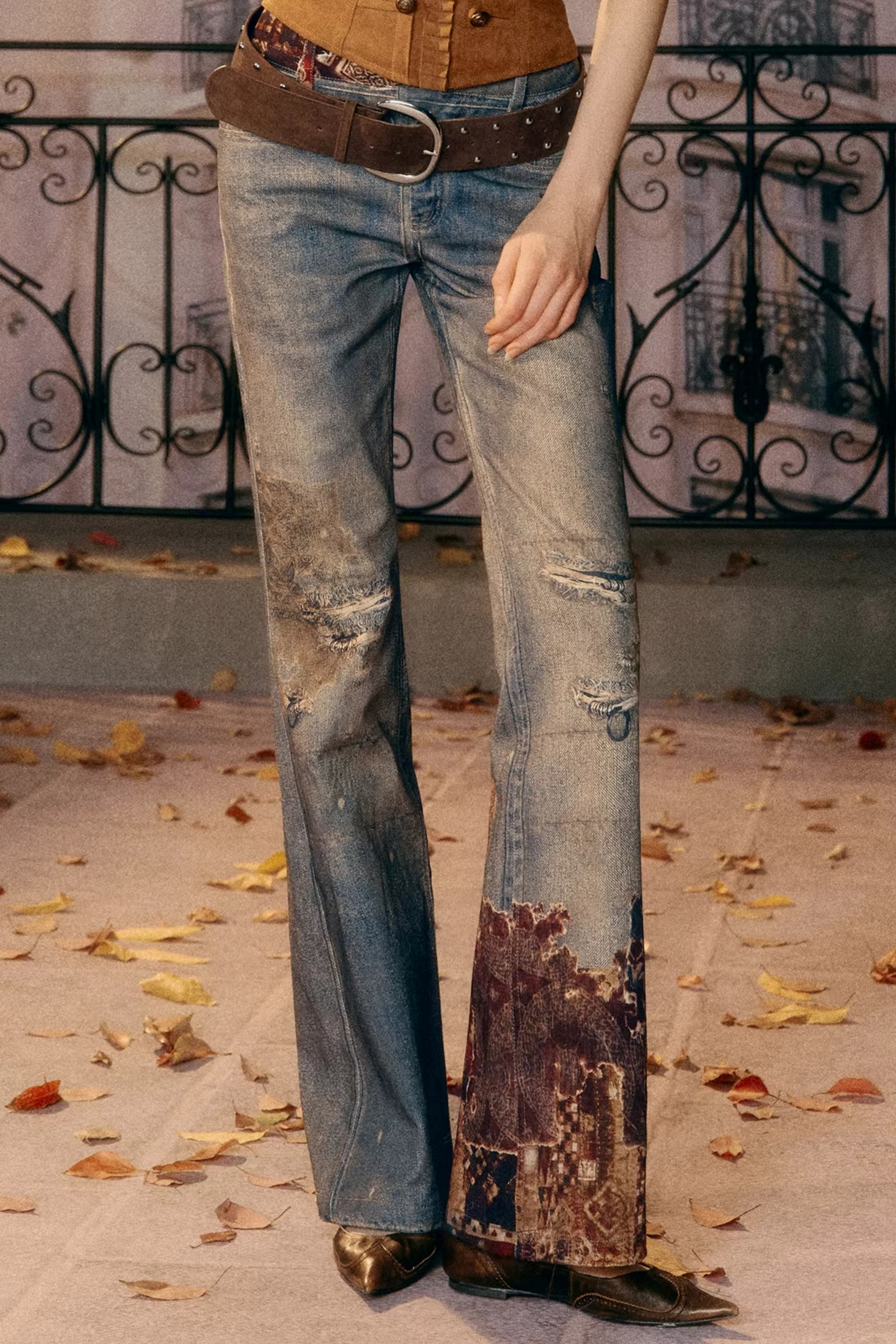 Vintage Pattern Flared Denim Pants
