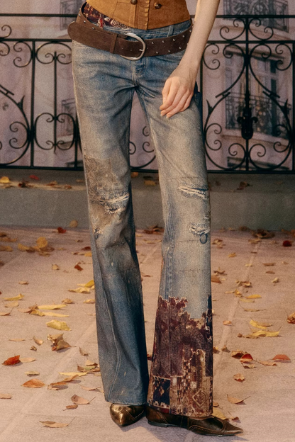 Vintage Pattern Flared Denim Pants