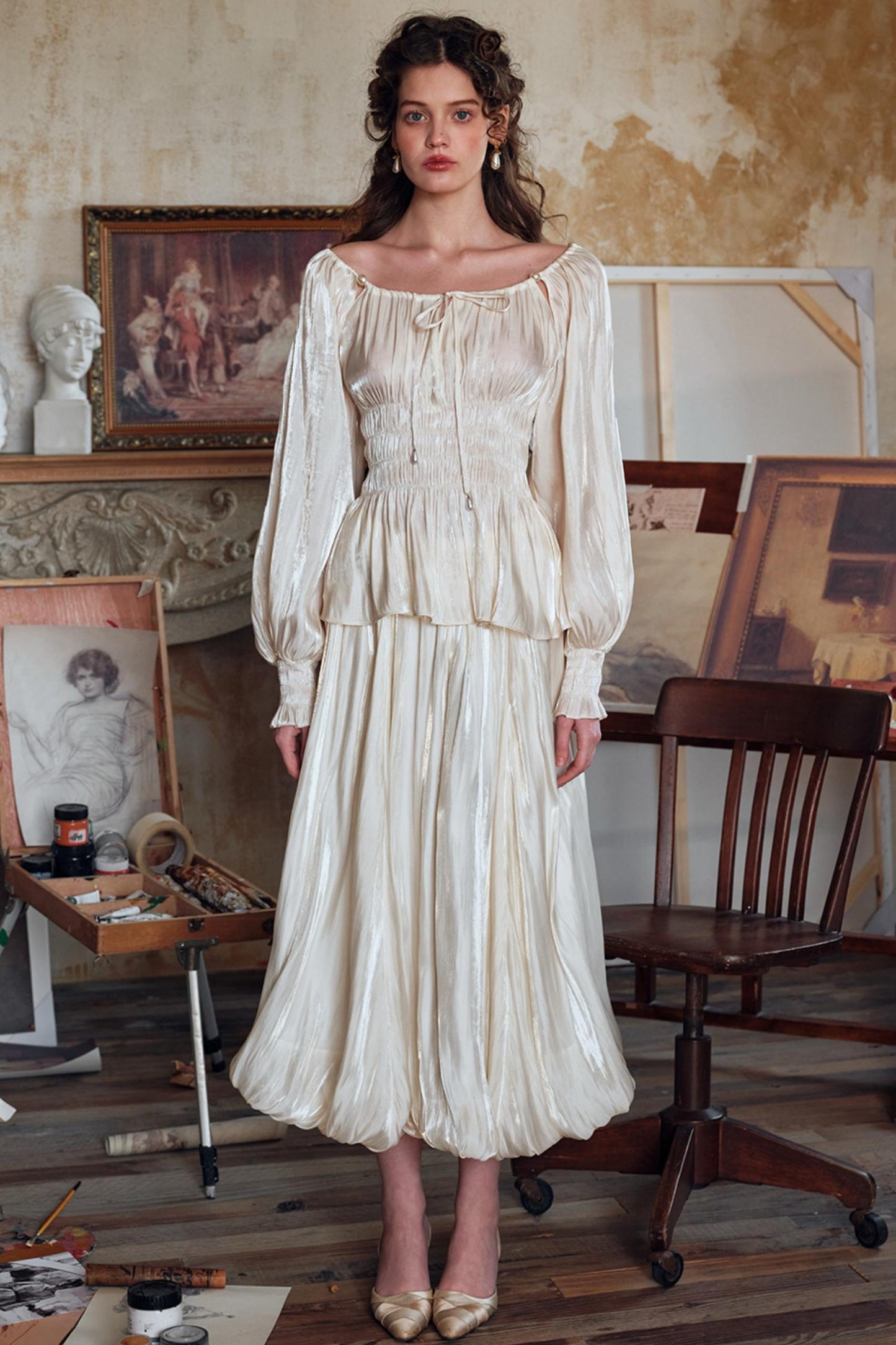 Satin Slim Fit Vintage Skirt Shirt Set-Up