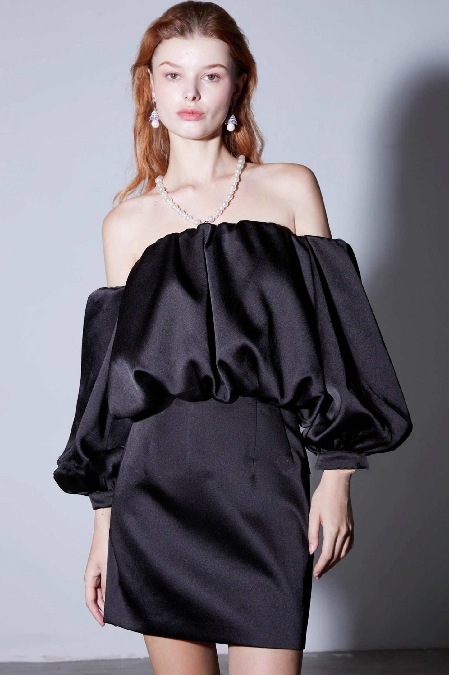 Autumn Pearl Lantern Sleeve Satin Dress
