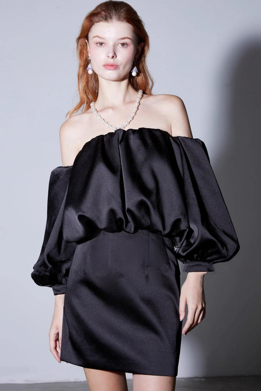 Autumn Pearl Lantern Sleeve Satin Dress