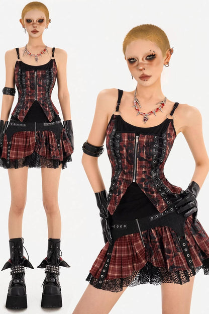 Dark Red Plaid Camisole Skirt Set-Up
