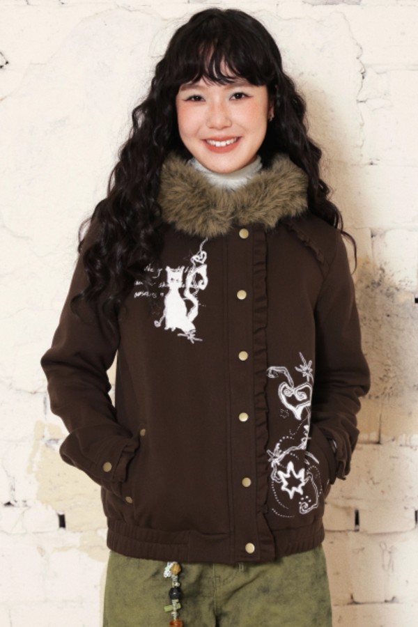 Dark Brown Hooded Jacket Skirt Set-Up