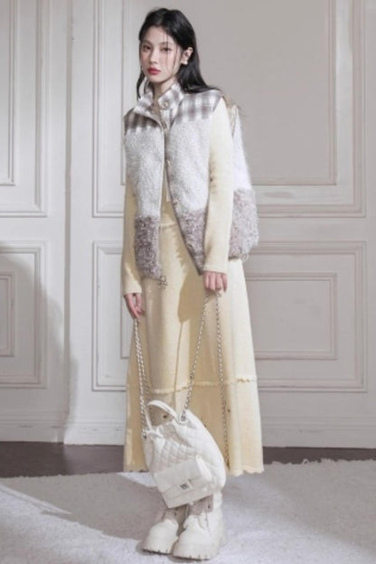 Cream Gray Lace Wool Dress