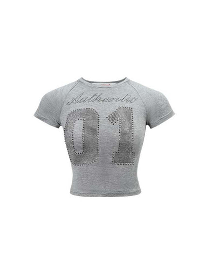 Rhinestone Numbers Cropped Tee