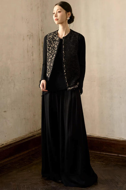 Schwarze Woll-Vintage-Jacquard-Weste Jacke