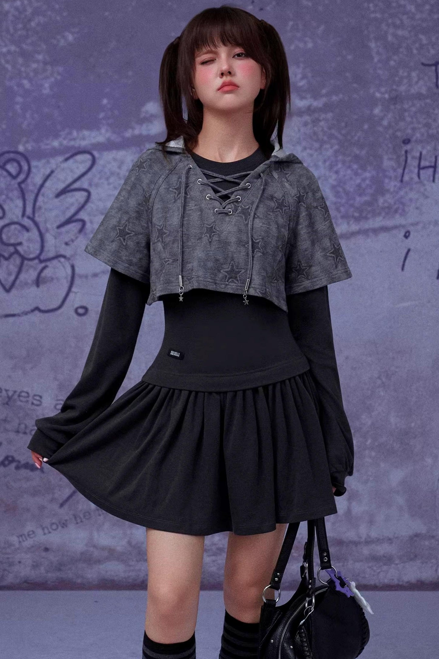 Gray Star Cat Ear Dress Set