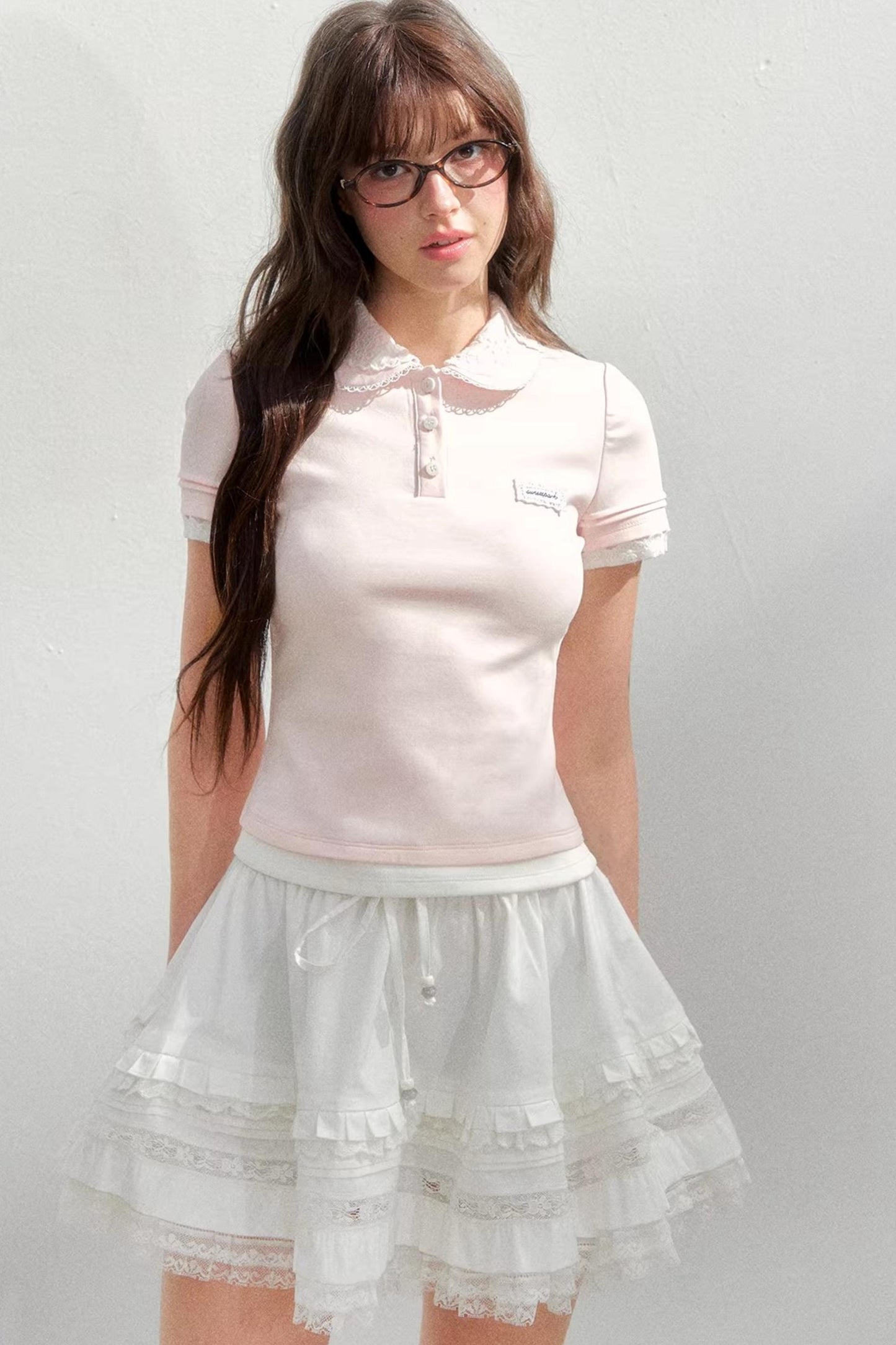 Embroidered Collar Pink Polo Shirt
