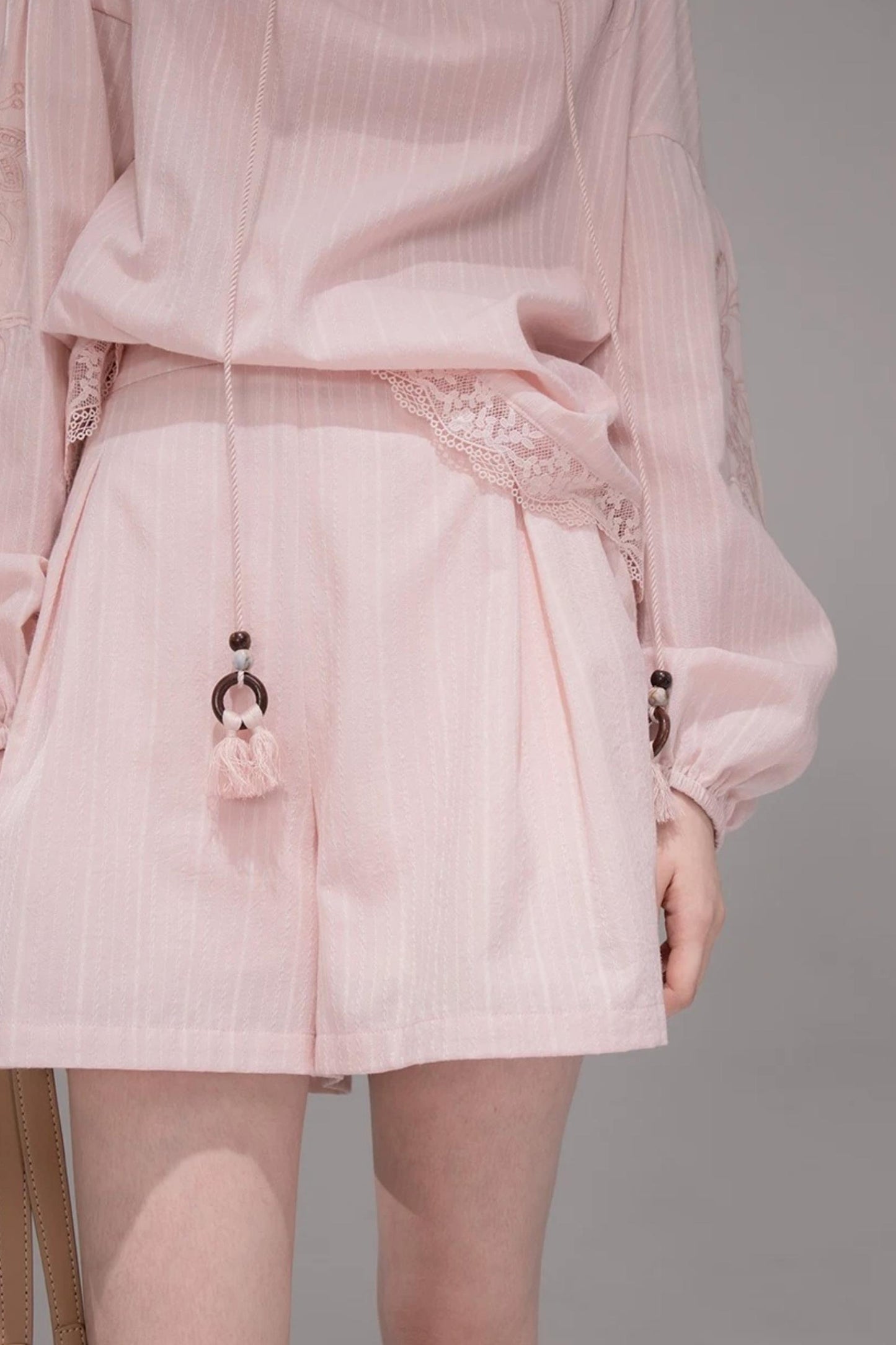 Cloud Peach Embroidered Striped Shirt Set-Up