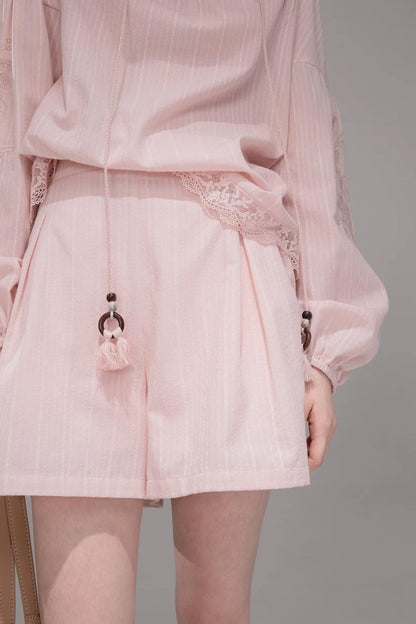 Cloud Peach Embroidered Striped Shirt Set-Up