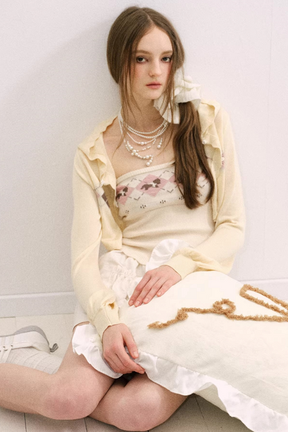 Yellow-Blue Diamond Hooded Cardigan Set-Up