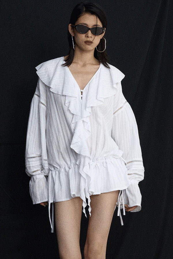 White V-Neck Ruffle Blouse