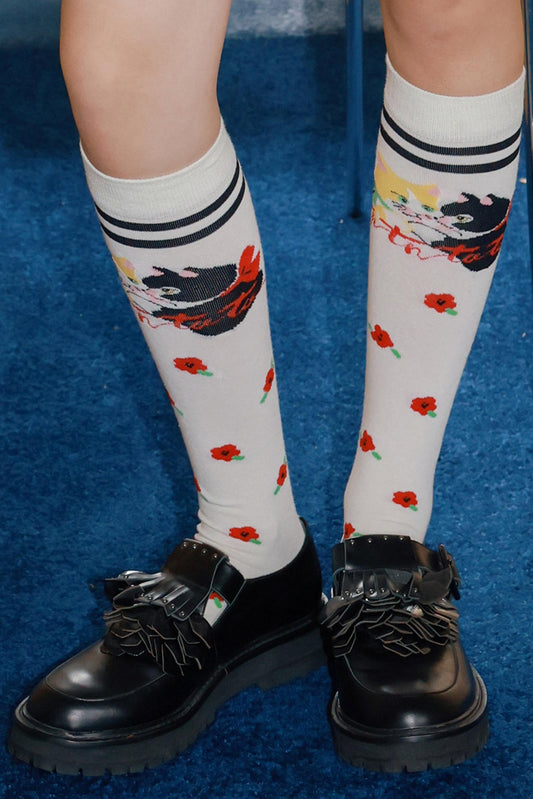 White Floral Cotton Socks