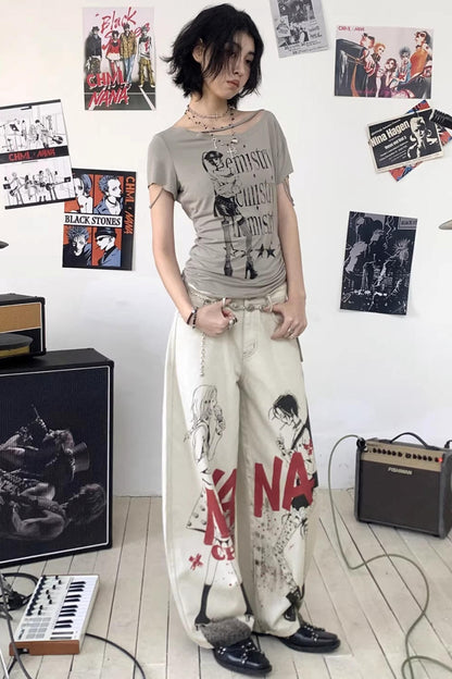 Printed Denim Scimitar Pants