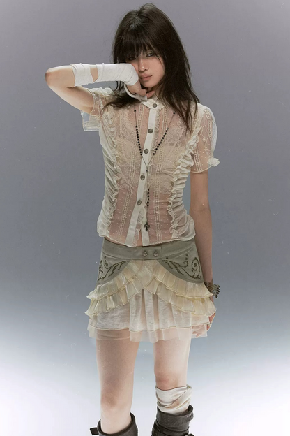 Retro Rivet Mesh Skirt