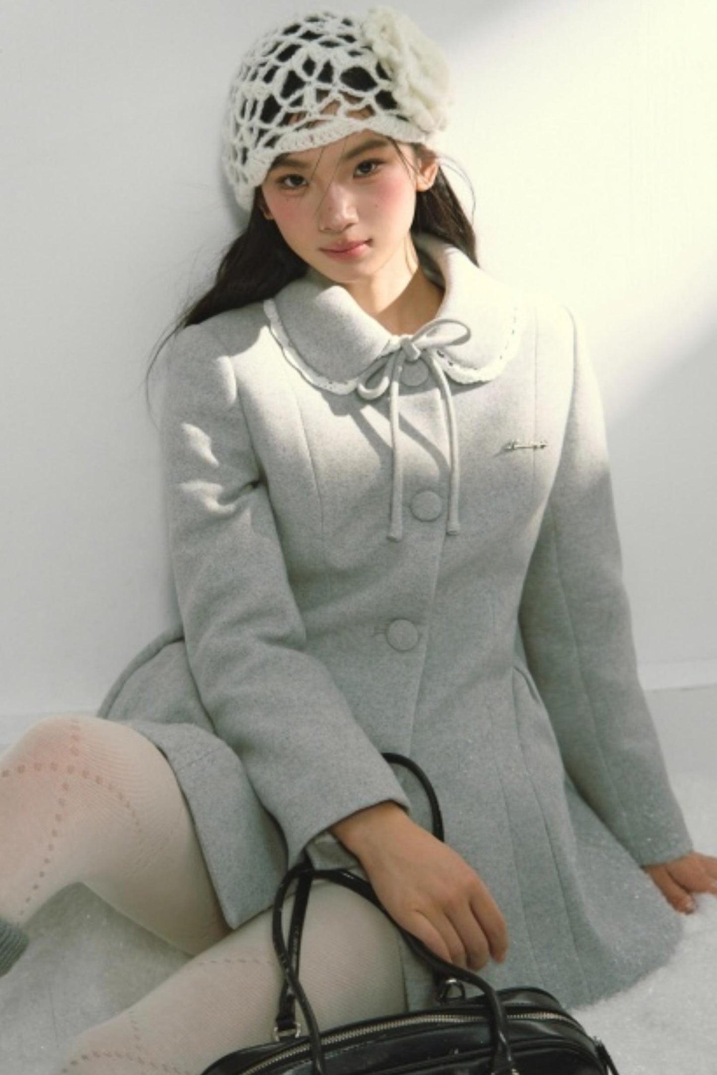 Light Gray Bow Woolen Coat