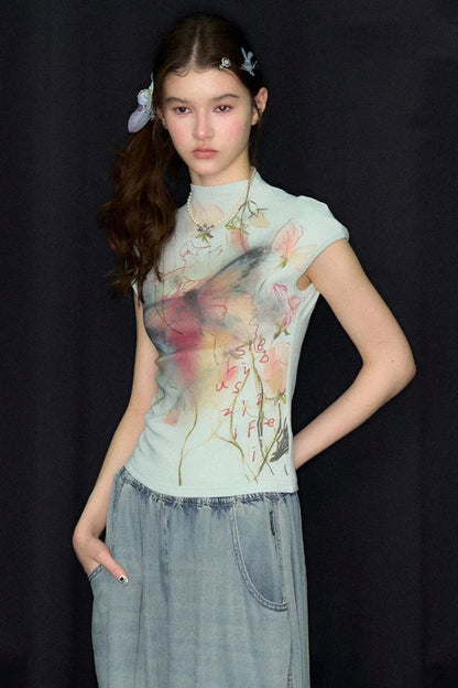 Watercolor Butterfly Print Short Sleeve Top