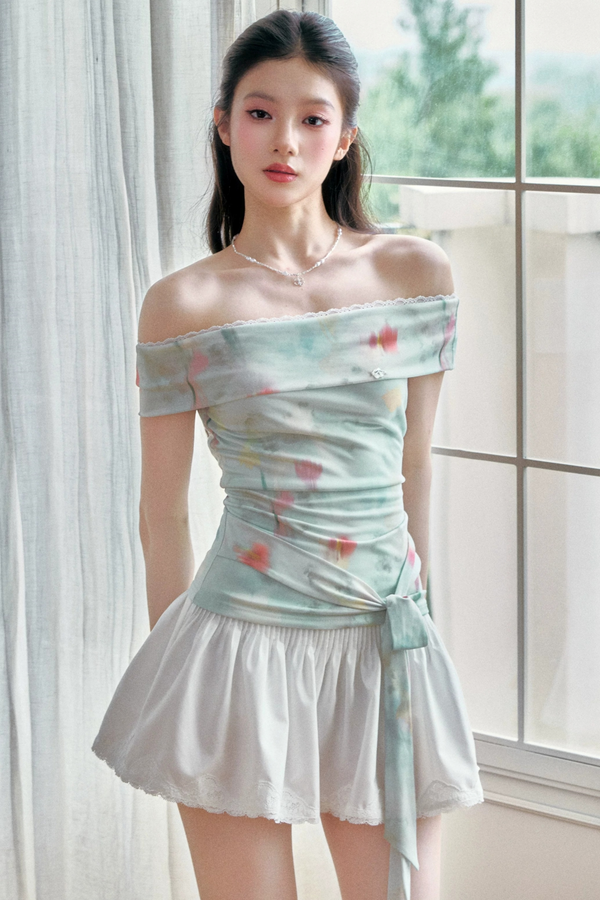 Gradient Floral Off-Shoulder Top Set-Up