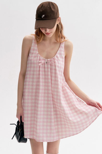 Custom Pink Plaid Pleated Short Dress