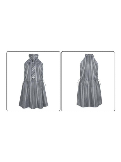 Halter Neck Tie Sleeveless Striped A-Line Dress