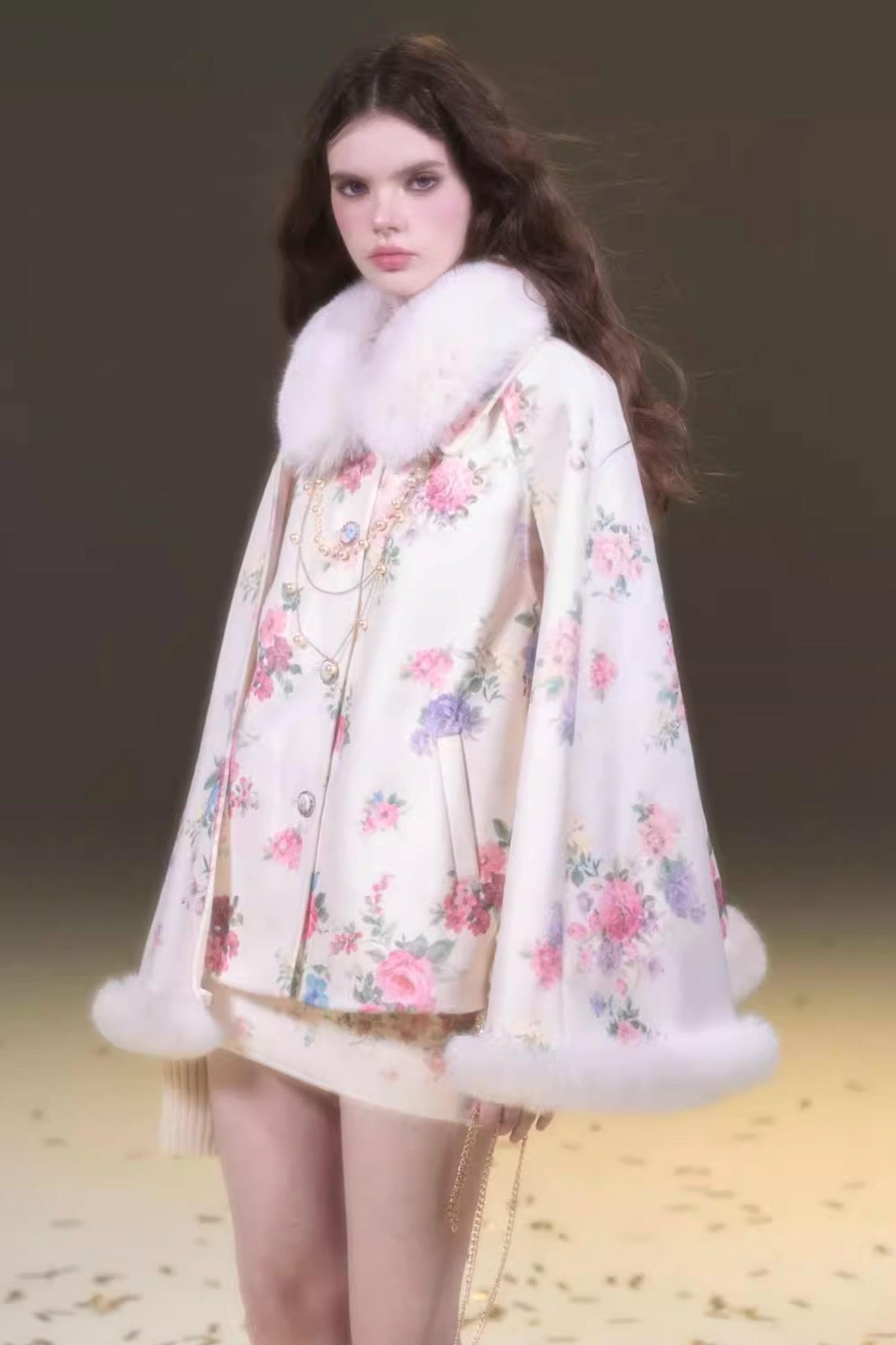 Vintage Flower Print Woolen Coat Set-Up