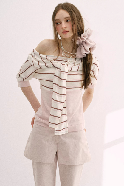 Cherry Blossom Striped Tie-Neck Top