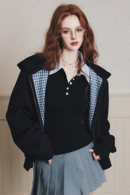 Navy Check Patchwork Hooded Coat