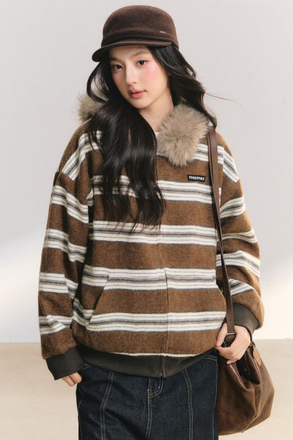 Detachable Fur Collar Striped Jacket