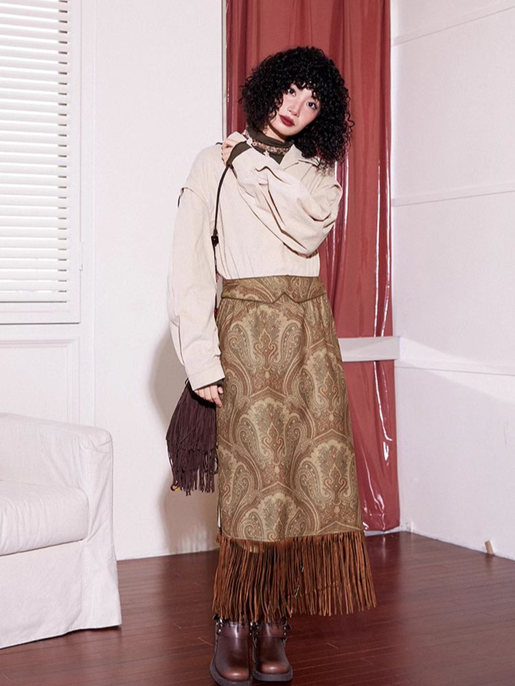 Red brown fringe skirt