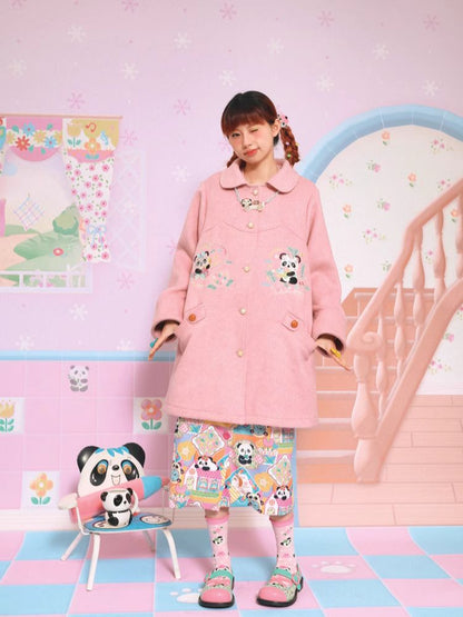 Panda embroidery mid-length coat