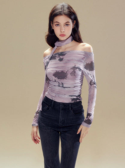 Purple butterfly one shoulder top