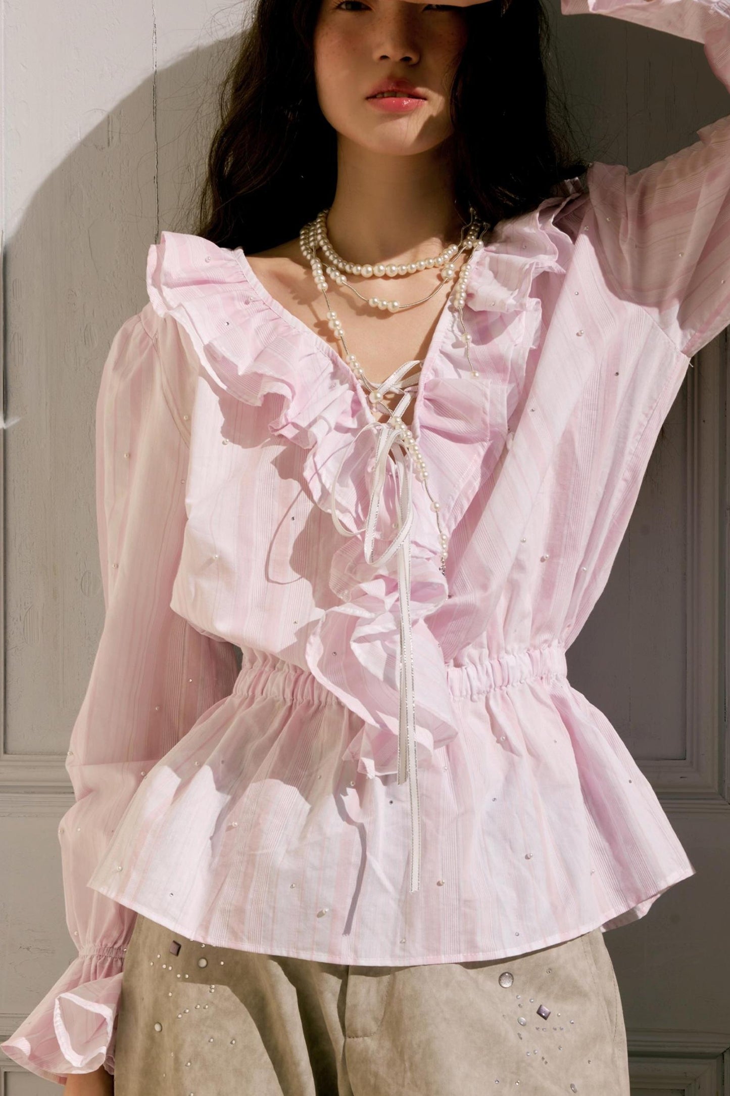 Pink Ruffle V-Neck Shirt