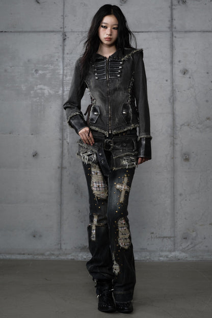 Distressed Denim Slim Fit Hooded Coat