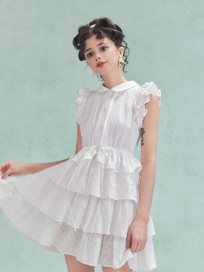 Fly Sleeve Patchwork Lace Bow Cake Tank Dress