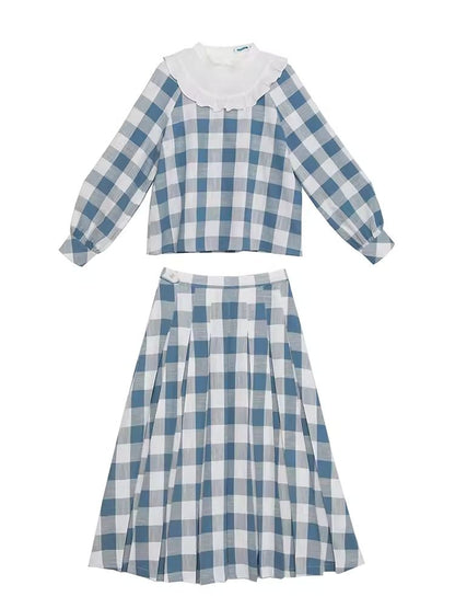 Standing Collar Check Linen Cotton Shirt/Pleated Skirt Set