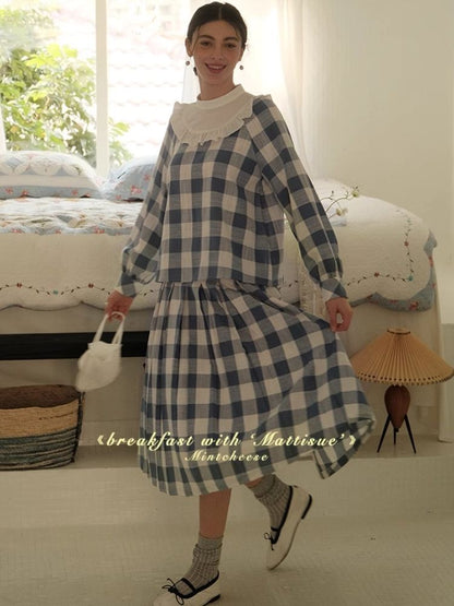 Standing Collar Check Linen Cotton Shirt/Pleated Skirt Set