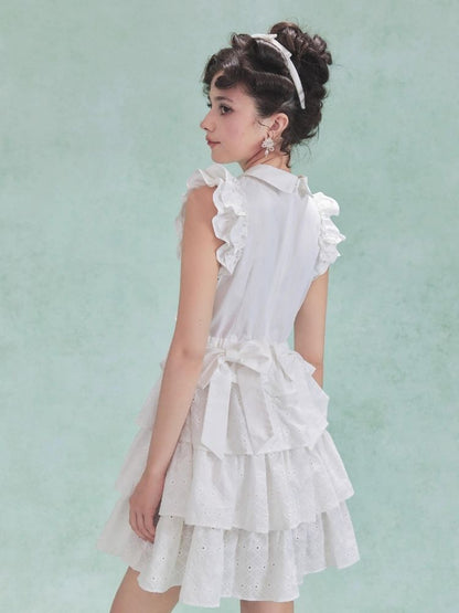 Fly Sleeve Patchwork Lace Bow Cake Tank Dress