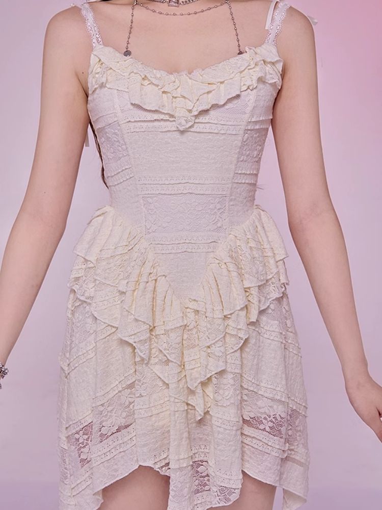 Lace Irregular Ruffle Halter Dress