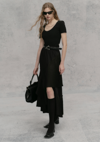 3D Pleated Stitch Slit Skirt